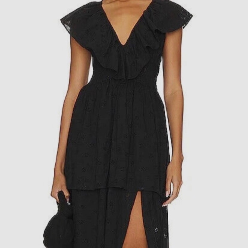NWT WEWOREWHAT Eyelet Ruffle Slit Front Midi Dress Black Size S